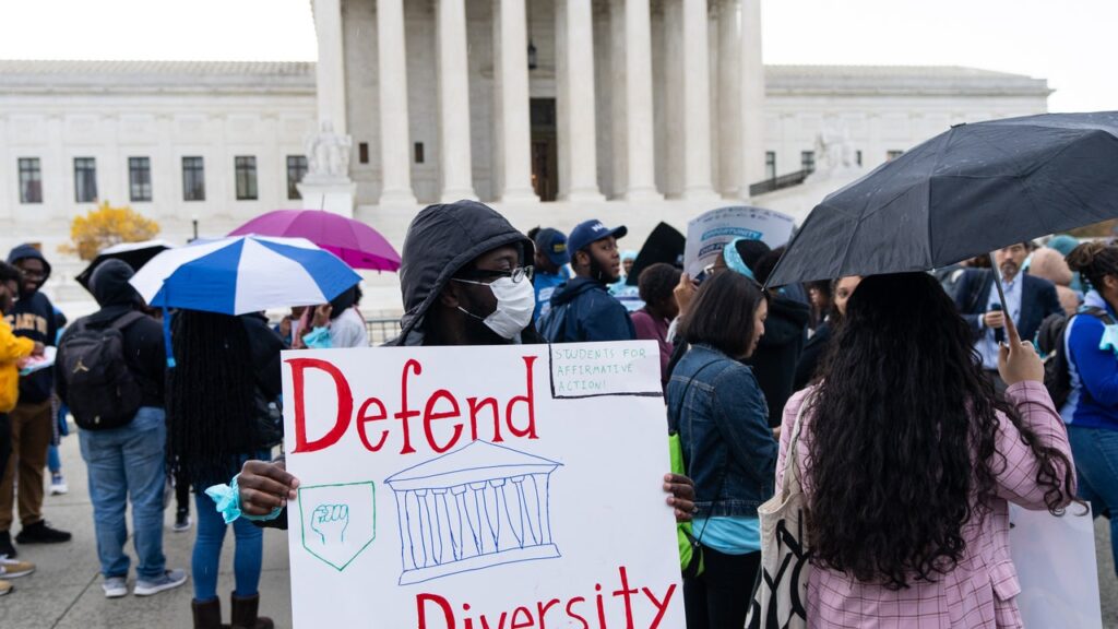Demonstrations outside the Supreme Court to defend affirmative action.