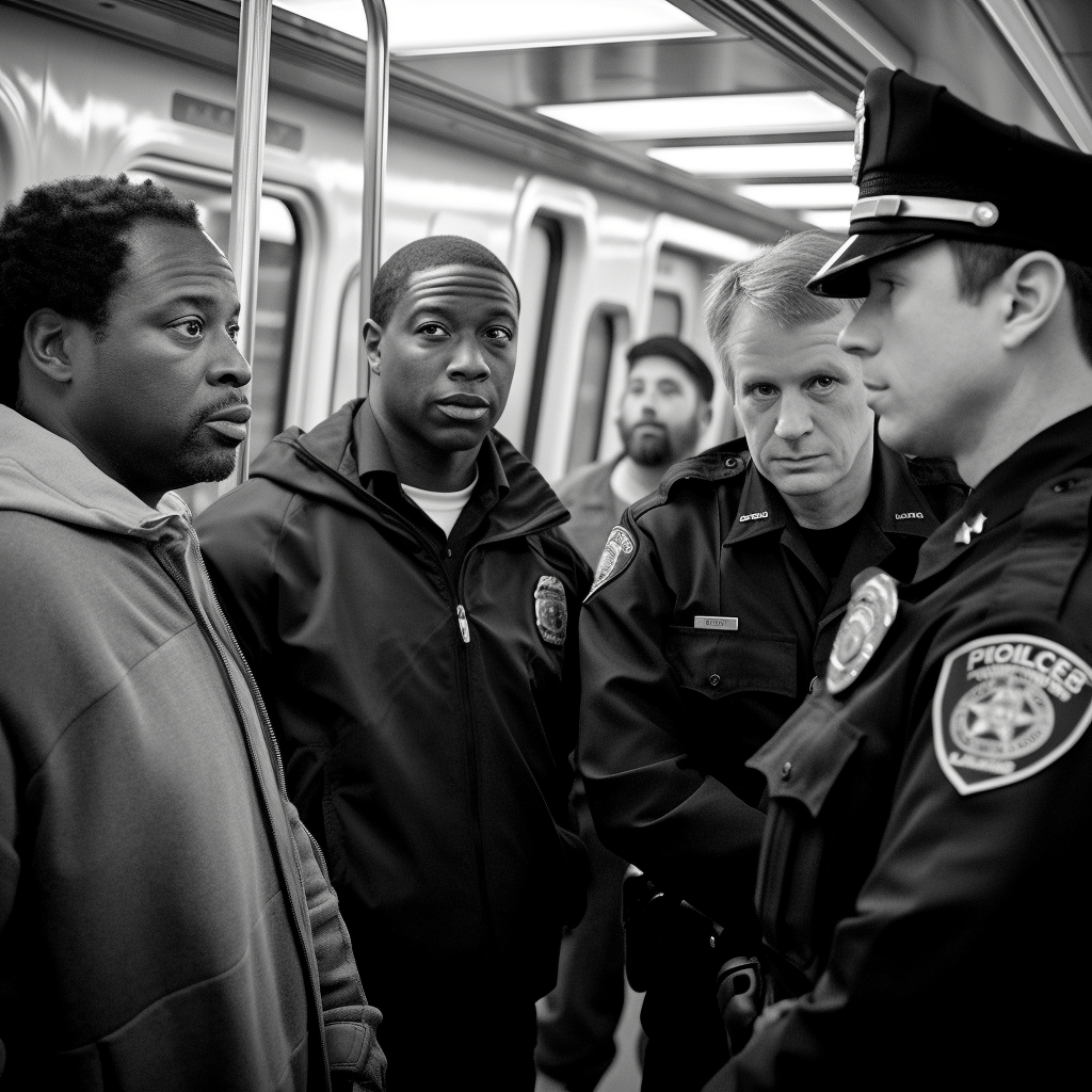A compelling professional photograph features a group of white transit officers engaging black passengers on a BART train, reflecting the essence of the article discussing a new study on racial bias in the policing practices of the Bay Area Rapid Transit (BART) police department.