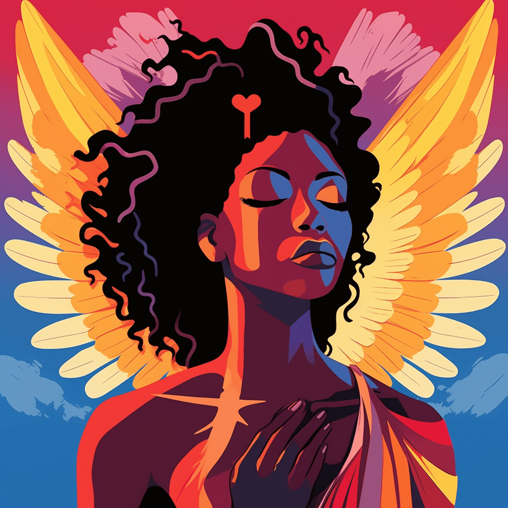 A symbolic and vibrant illustration captures the heart-wrenching story of a Black transgender woman's tragic death in Florida, highlighting the ongoing violence and discrimination faced by the transgender community, particularly transgender women of color. The image portrays her silhouette with angel wings, signifying resilience and the fight for justice. Captured with a digital camera and macro lens, the photograph showcases intricate details, inviting us to delve into the complexities of her experience. Illuminated with vibrant and empowering colors, the lighting amplifies her story and calls for awareness and change.