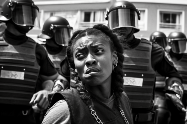 A gripping photojournalistic image captures the essence of recent cases of police misconduct against the Black community, shedding light on the systemic issues within law enforcement. Depicting a Black Lives Matter protest against injustice, this powerful photograph symbolizes the collective voice demanding change.
