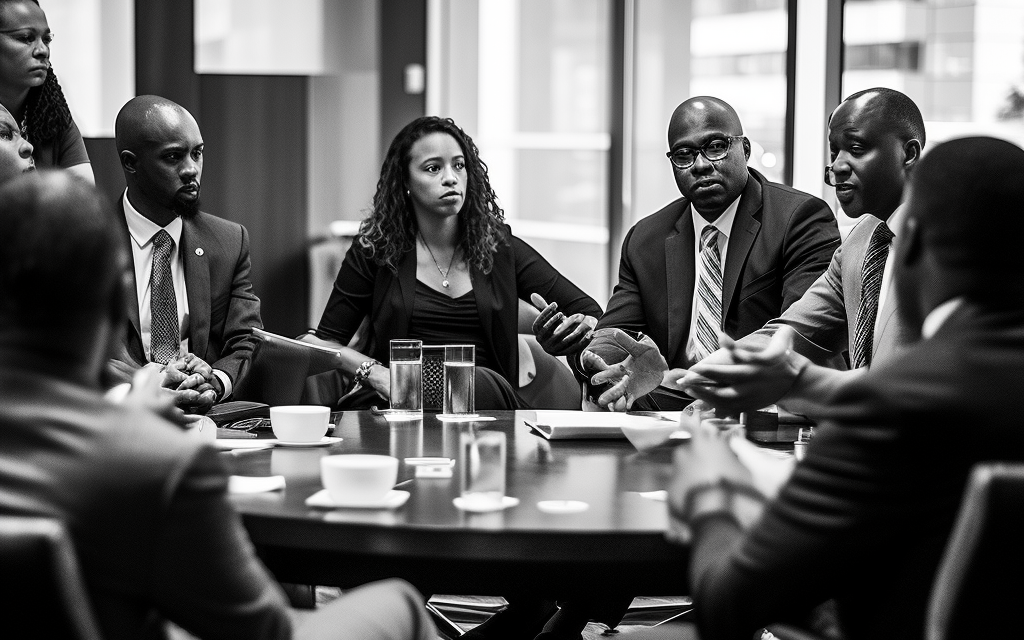 A captivating photograph captures a group of diverse professionals engaged in a thoughtful discussion on the progress of diversity, equity, and inclusion (DEI) initiatives in corporate America since the tragic murder of George Floyd. Black leaders, carefully assessing the advancements made, passionately call for transparency, accountability, and increased representation in leadership positions..