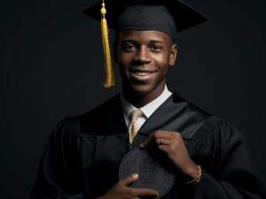 Close-up photograph of a student holding a graduation cap with a dollar sign inside