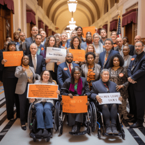 Group photograph of diverse individuals holding signs advocating for inclusive gun law reforms