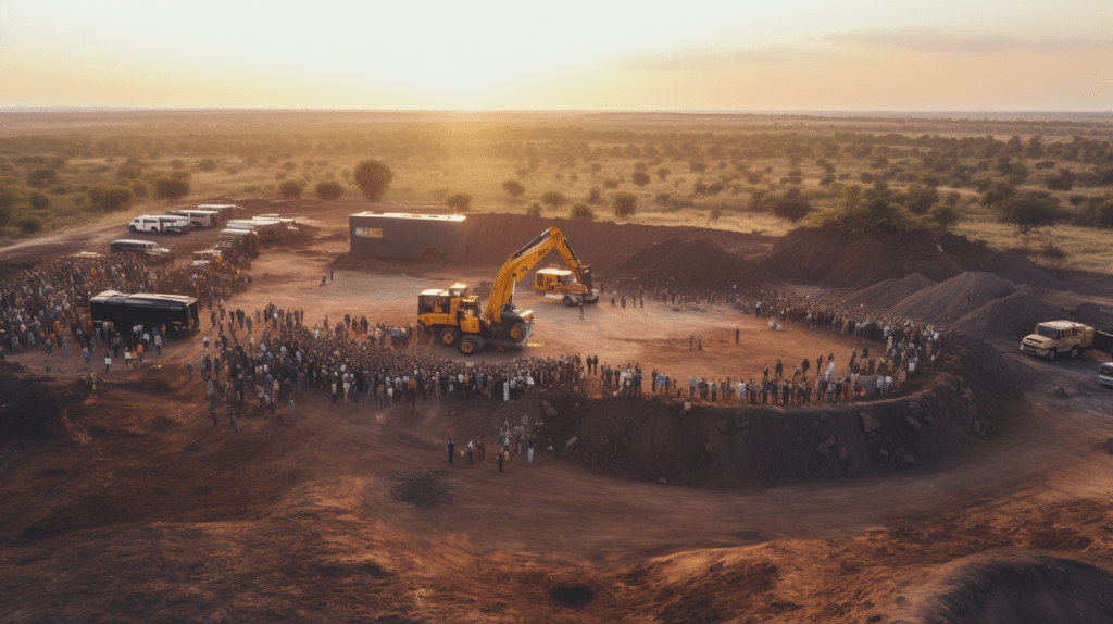 Aerial view capturing the contrasting worlds of an African mine and a protest against resource exploitation, highlighting the tension between natural wealth and human rights.