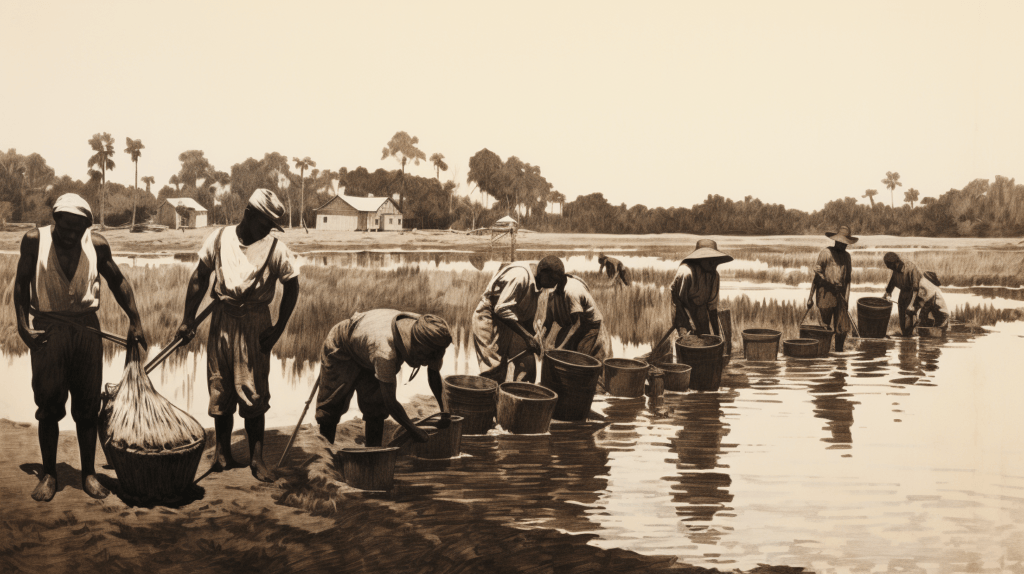 An illustration of a rice plantation in South Carolina showcasing the labor-intensive work.