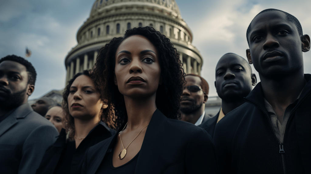 A split-screen image contrasting the U.S. Capitol with a diverse group of concerned Black Americans, shot in an editorial style.