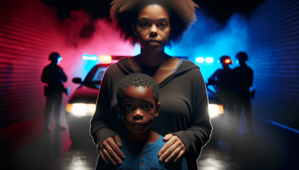 In the dim ambiance of the night, an African American mother stands resolute, her 8-year-old child nestled close. The pulsating red and blue lights from the distance paint a poignant tableau, capturing the essence of strength, protection, and an underlying tension. Their expressions, a mix of determination and concern, serve as a silent testament to the challenges they face, yet their bond remains unbroken. This image encapsulates the resilience of countless families navigating the intricate tapestry of social dynamics in contemporary America.