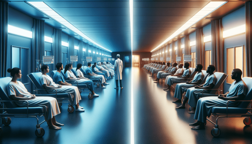 Wide hospital corridor showing a stark contrast: one side features a brightly lit area with diverse patients receiving care, while the other side has Black patients in a dimly lit section, highlighting healthcare disparities.