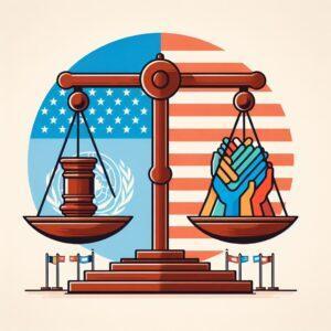 A scale balancing a gavel representing justice and interlinked multicolored hands representing racial equality.