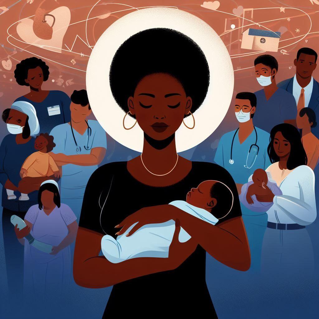 Illustration of a Black mother with her newborn surrounded by a supportive community, healthcare professionals, and policymakers addressing the Black Maternal Health Crisis.