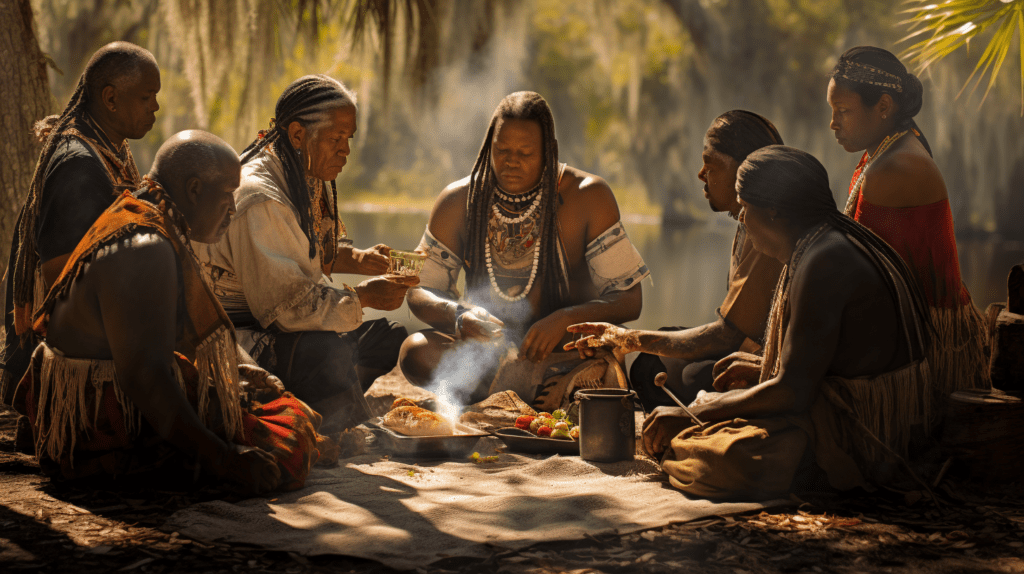 Rendering of members of the Seminole Nation sharing a meal with  Black Seminoles.