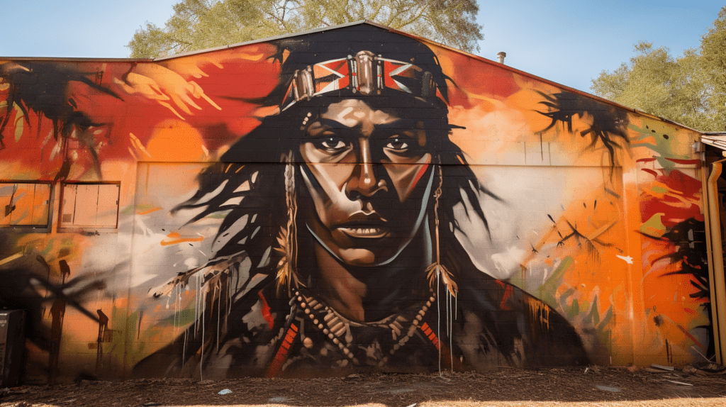 Graffiti-style art of a Black Seminole artist painting a mural about the wars.