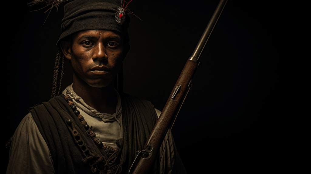 John Horse, a Black leader of the Seminole Resistance during the Second Seminole War, holding a rifle.