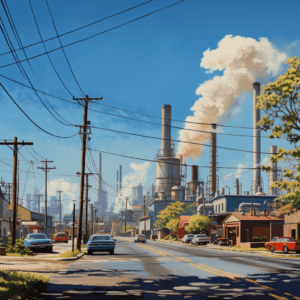 Industrial smokestacks loom over a humble community in Louisiana's Cancer Alley, symbolizing the ongoing battle for environmental justice.