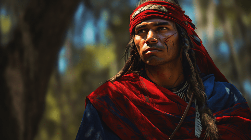Digital art of Osceola, a Seminole leader, in traditional clothing