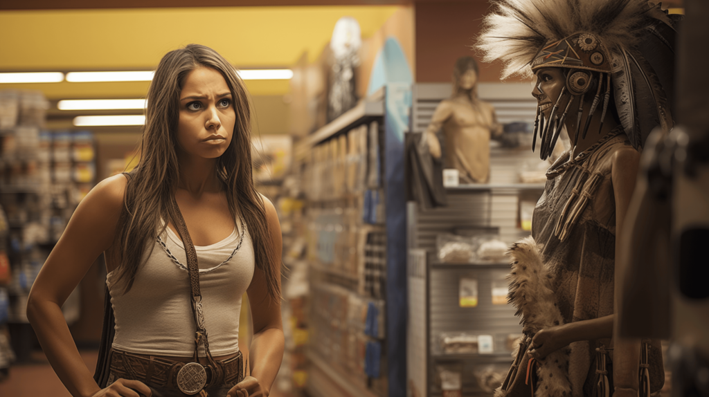 Woman in a Halloween themed store. She is looking at a rack displaying a costume of a stereotypical Native American. She is cringing in disapproval.