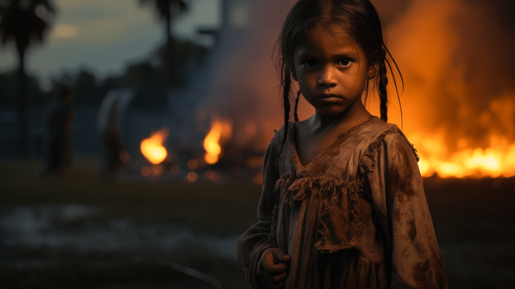 A Seminole child standing inf ront of a burning village.
