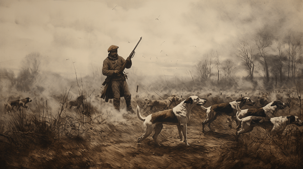 Etching of a U.S. soldier using bloodhounds to track Seminoles