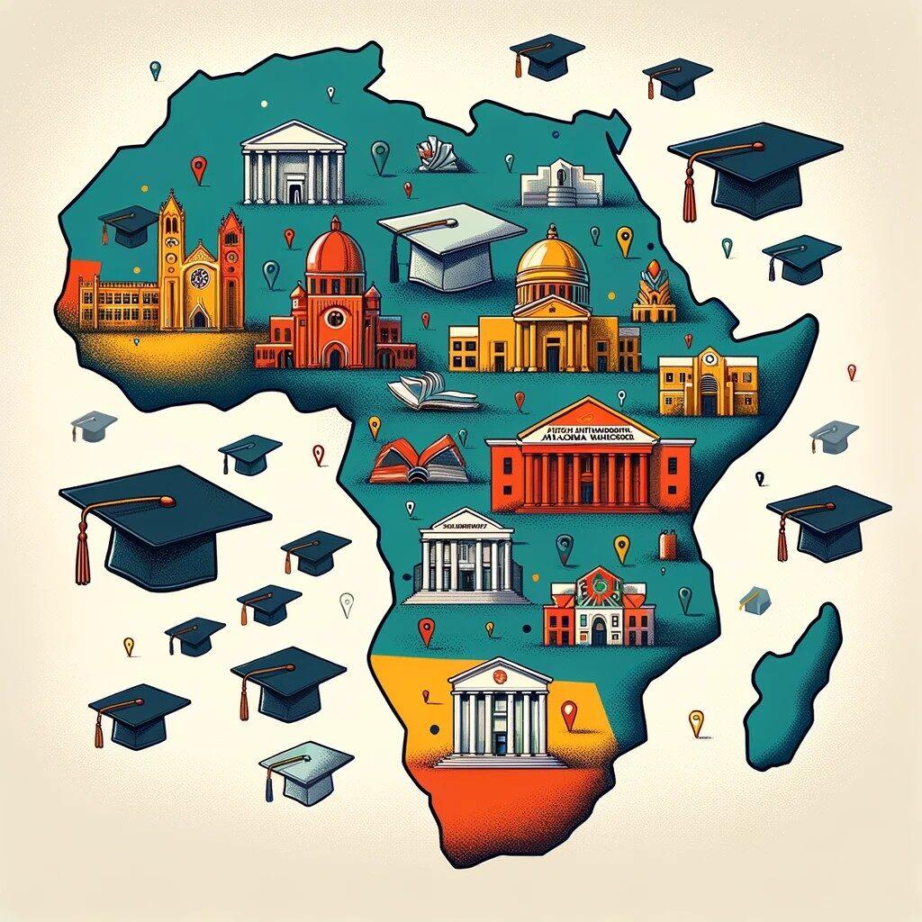 Map illustration of Africa highlighting prominent universities with floating graduation caps, representing the academic advancement in the context of decolonization. Overlay text reads "Decolonizing African Universities: A Roadmap to Transformation."