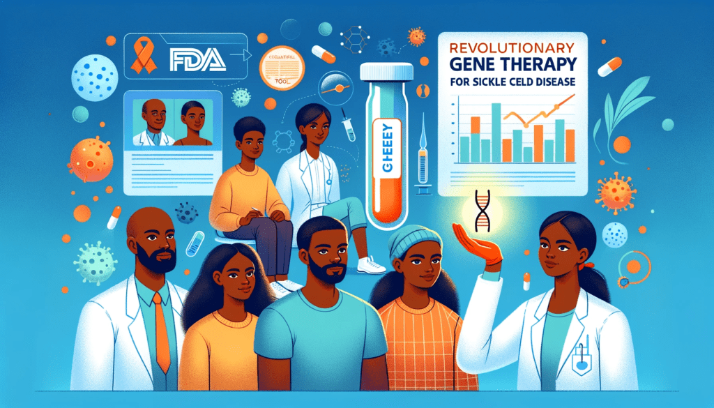 A diverse group of African American individuals looking optimistic. Scientist in the foreground holds a vial labeled 'Gene Therapy'. Side panel showcases CRISPR tool, FDA stamp, and clinical trial results chart with the prominent title 'Revolutionary Gene Therapy for Sickle Cell Disease'.