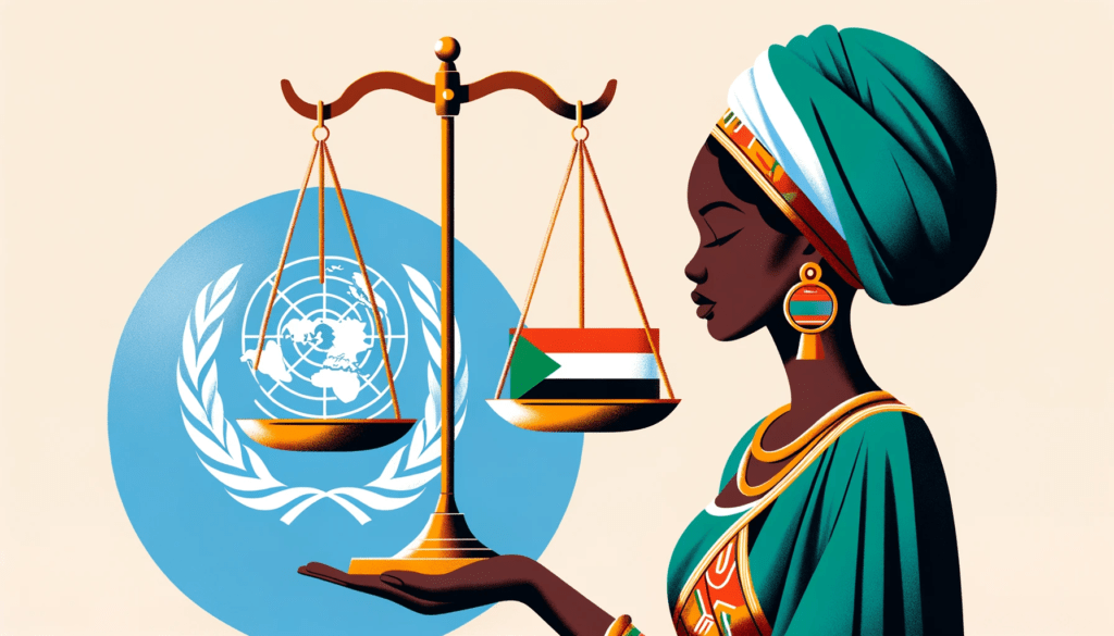 An illustration highlighting the collaboration between the UN and Sudan for women's rights, symbolized by a woman holding a balance scale.