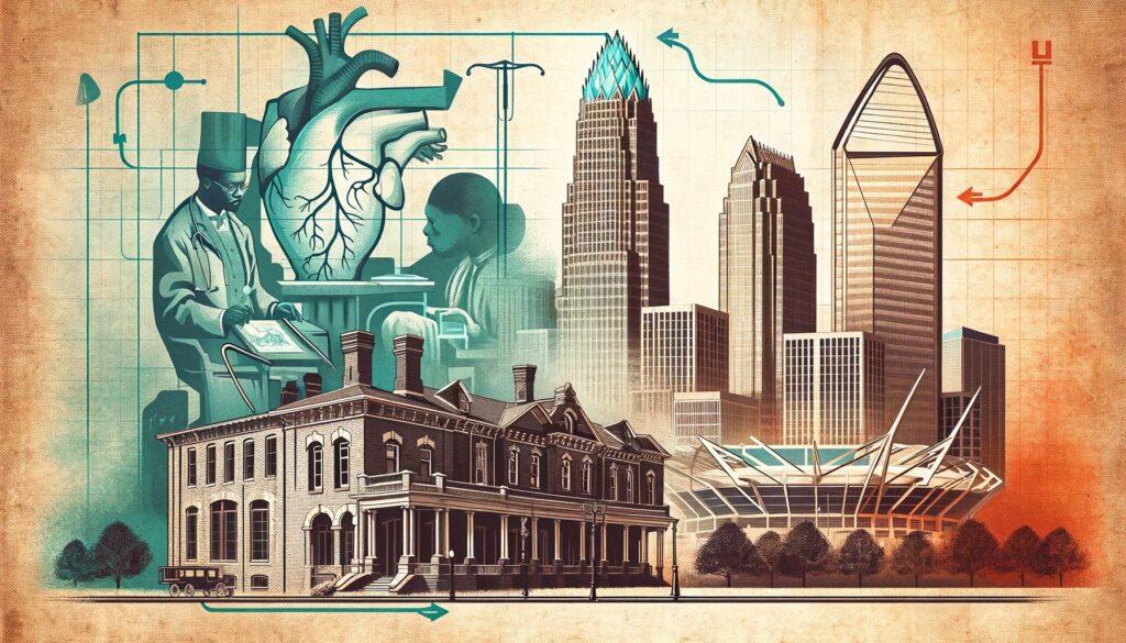 Collage showing two contrasting landmarks of Charlotte, North Carolina. On the left is the vintage Good Samaritan Hospital, symbolizing late 1800s African American healthcare, and on the right, the contemporary Bank of America Stadium, representing modern urban development.