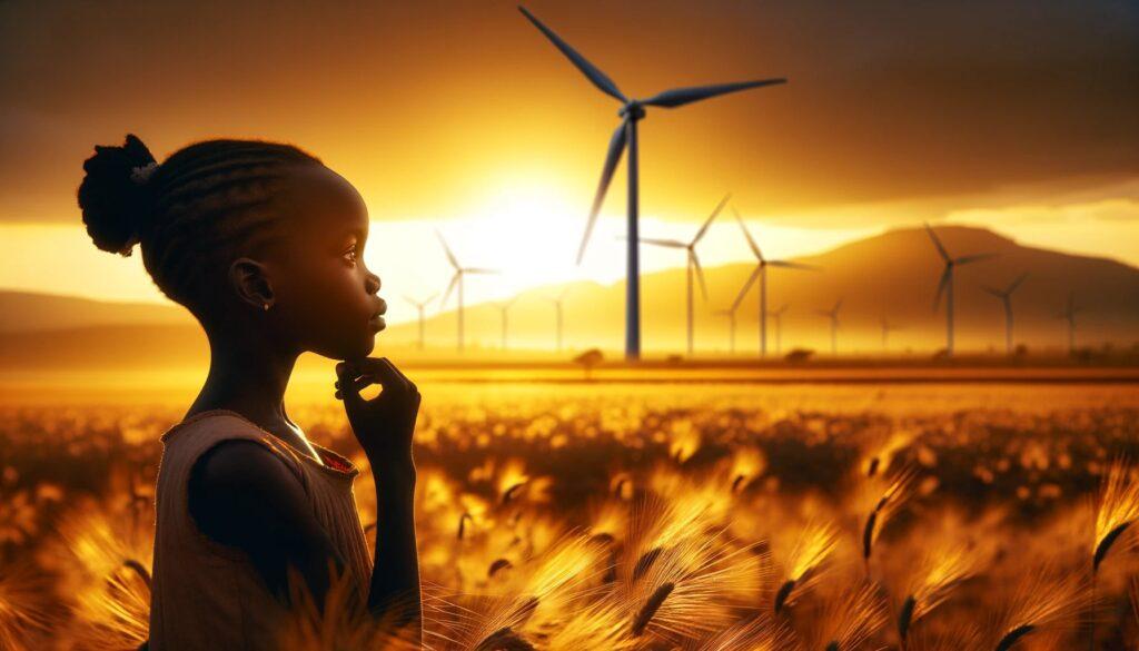 A young African girl stands in a vast field, gazing thoughtfully at a wind turbine. She is silhouetted against a dramatic golden sunset, with the warm hues of the setting sun illuminating the field and distant mountains in the background. The photo, taken with a DSLR camera, artfully contrasts the sharp focus on the girl with the soft, dreamy landscape surrounding her, symbolizing hope and the future.