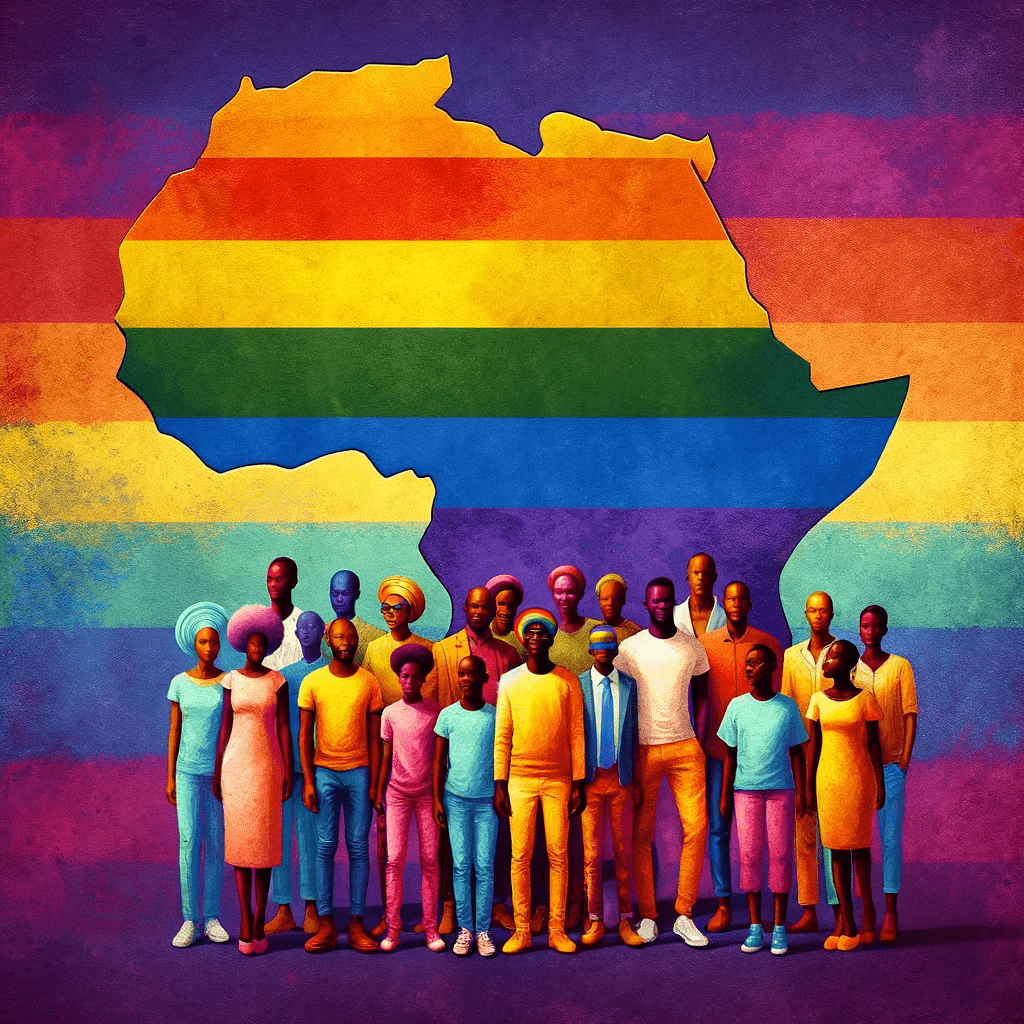 An abstract representation of LGBTQ+ rights in Africa, showcasing a diverse group of African individuals standing together in unity, with a background of the African continent filled with rainbow colors symbolizing LGBTQ+ pride. The image conveys a sense of hope, solidarity, and progress, representing the diverse LGBTQ+ community in Africa.