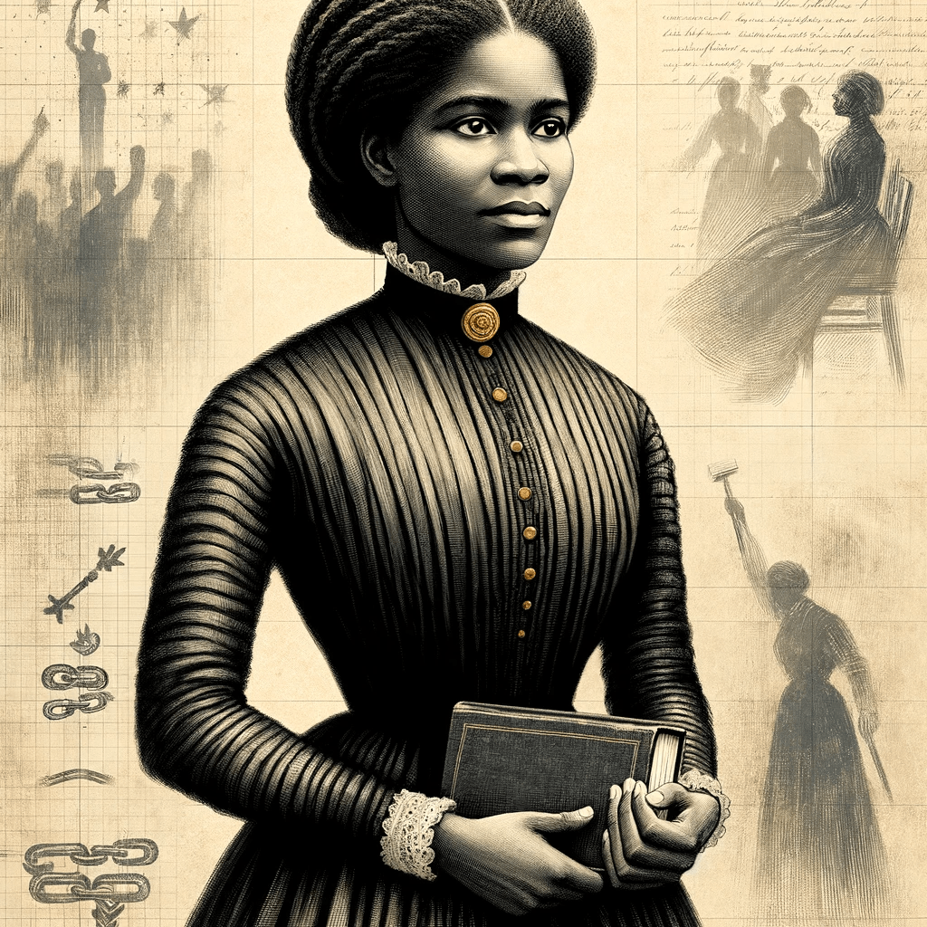 Illustrative portrait of Maria W. Stewart, showcasing her as a strong and determined African American woman from the 19th century. She is depicted wearing a period-appropriate dress with intricate details and holding a book, symbolizing her dedication to education and activism. The background subtly includes elements representing her fight for abolition and women's rights.