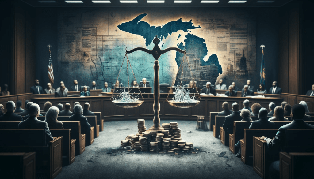 A digital composition of a courtroom scene focused on the scales of justice, tilting under the weight of the Flint Water Crisis case files, reflecting the closure of the investigation.