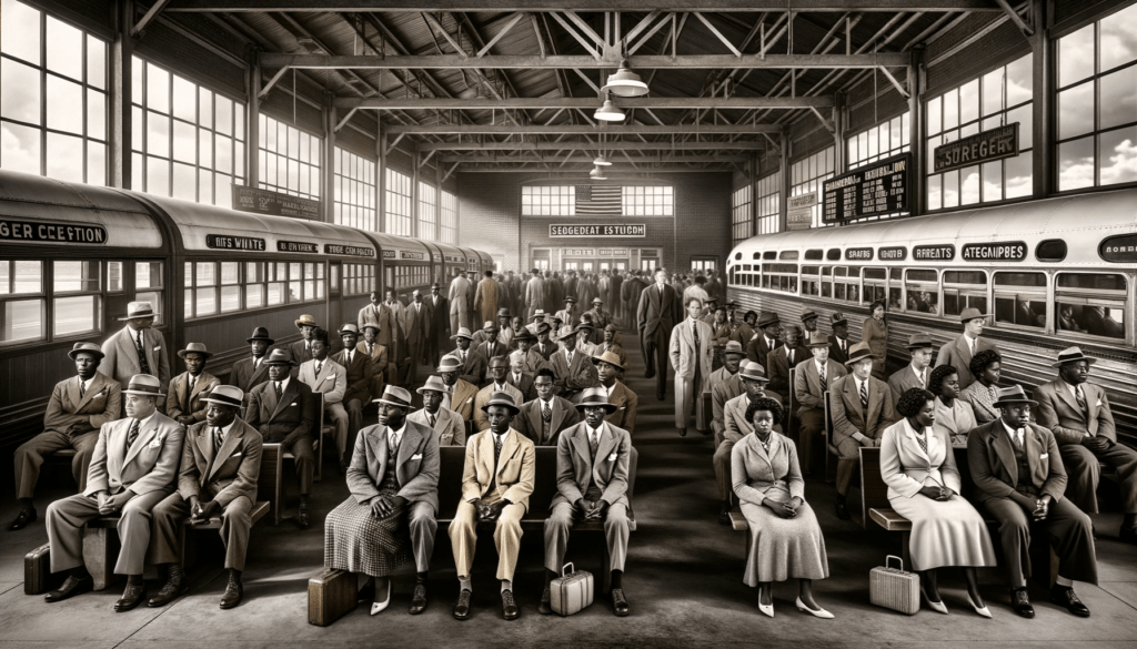 African American travelers at a segregated bus station in the 1940s, embodying the struggle against travel discrimination in America.
