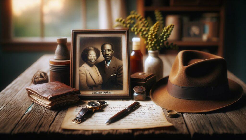 An AI generated photo displaying Stephen Perkins' personal items on a rustic wooden table. It includes a cherished family photograph of an African American family, a well-loved hat, and a classic watch. The background softly blurs into an image of his home, creating a poignant atmosphere of loss and memory.