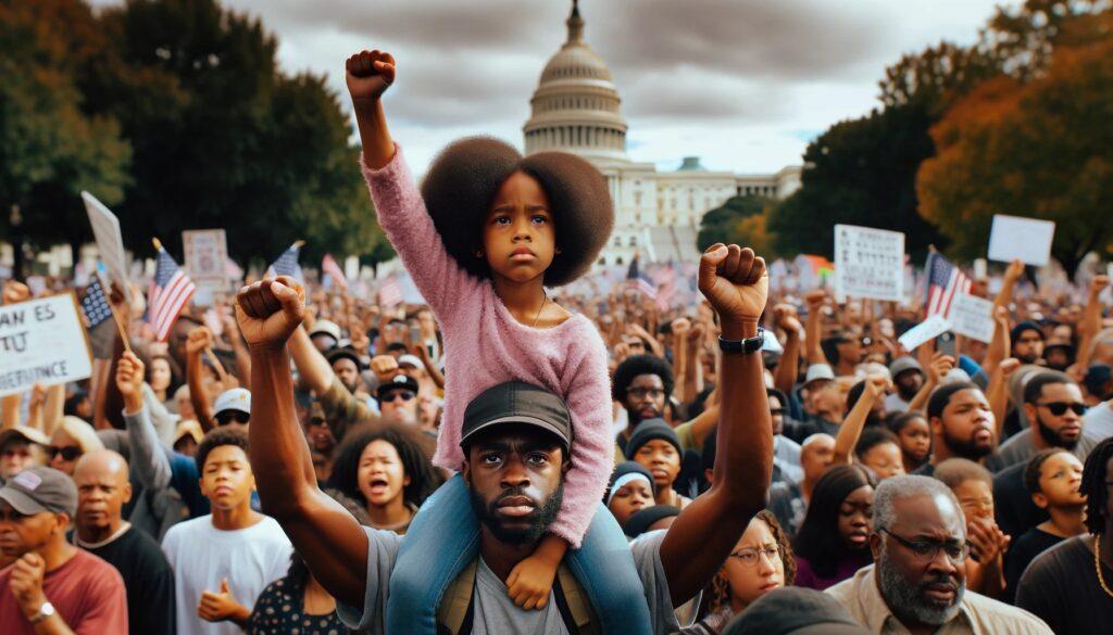 A young African American girl sits atop her father's shoulders amidst a voting rights protest, both raising their fists high in a powerful gesture of unity and defiance. Their expressions embody determination and hope, set against a backdrop of a diverse, resolute crowd.