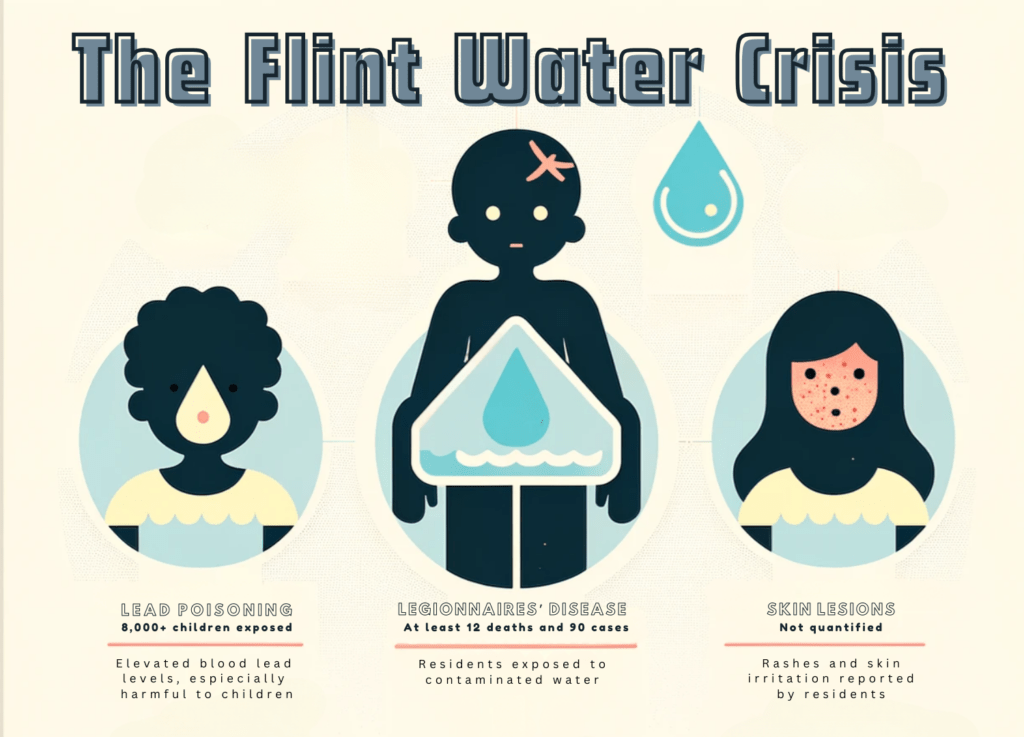 Infographic showing the health impacts of the Flint water crisis. 8000 children exposed to lead poisoning, at least 19 deaths due to legionnaire's disease, and reported skin lesions.