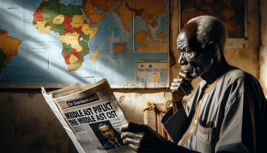 An elderly man with glasses, deep in contemplation, reads a newspaper headlining Middle East politics, with a colorful world map in the background, highlighting Africa and the Middle East.