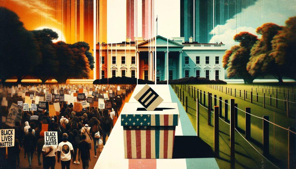 A digital collage presenting a split scene. On the left, a peaceful Black Lives Matter protest with participants holding signs, and on the right, a tranquil image of the White House under a clear sky. At the center, a subtly faded image of a ballot box bridges the two scenes, symbolizing the critical intersection of social movements and political decisions in shaping our society.