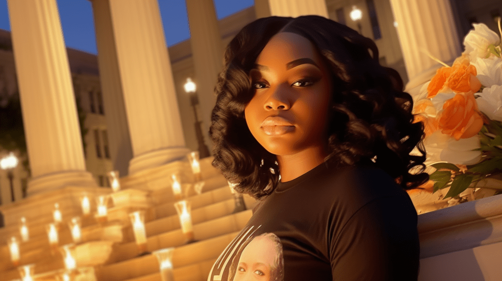 Photojournalistic image of a memorial scene for Breonna Taylor, with her portrait photograph displayed on the courthouse steps. The scene is richly adorned with a myriad of flowers and numerous candles, casting a gentle glow. The backdrop features the stately courthouse, symbolizing justice. This photorealistic image captures the evening's serene atmosphere, with candlelight softly illuminating the steps and contrasting with the deep blue twilight sky.