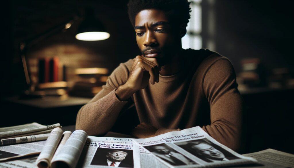A thoughtful African American man sits at a desk, his expression introspective. The desk is scattered with newspapers and articles, prominently featuring headlines about Mark Fisher's endorsement and the Black Lives Matter movement's response. The mood is contemplative, illuminated by focused lighting in a dimly lit room.