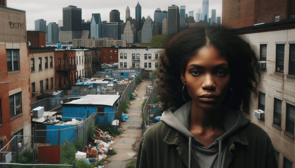 AI-generated image of a Black woman standing in an urban neighborhood, with a contemplative expression that reflects the struggles against structural racism. The background contrasts neglected buildings with distant modern healthcare facilities