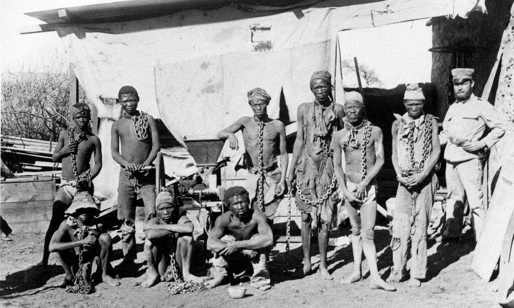Prisoners from the Herero and Nama tribes during the 1904-1908 war against Germany. (August 1904)