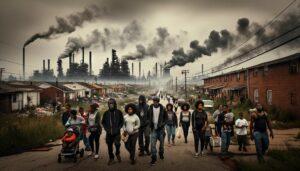 A photojournalistic image showing a Black community grappling with environmental racism. The background features dilapidated buildings and piles of industrial waste, under a smog-filled sky that casts a gloomy hue over the area. Residents of various ages and genders are seen with mixed expressions of resilience and concern, going about their daily lives amidst these challenging surroundings.