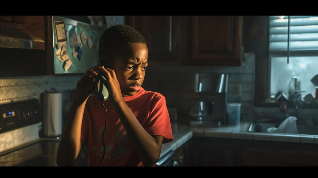 A photorealistic image depicting a young, worried boy on a phone in a dimly lit kitchen. The clock indicates it's late at night. The scene is emotionally charged, capturing the urgency and fear of making a 911 call.