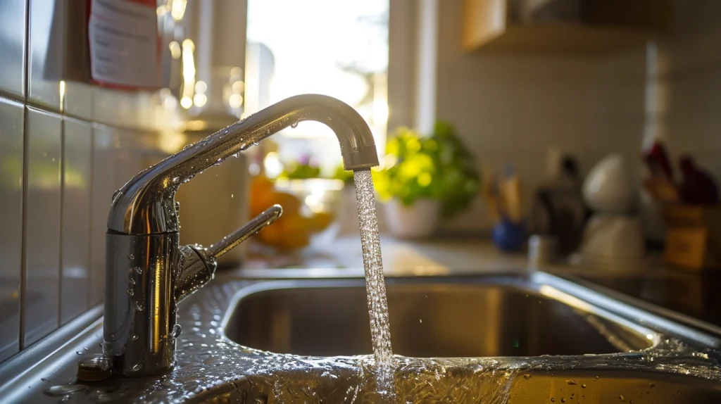 Street-style close-up of a kitchen faucet with discolored water, symbolizing E. coli contamination. Suspended water droplets in mid-air, with a pot for boiling water on the counter. In the background, a worried homeowner is partially visible. Morning light illuminates impurities in the water, and a calendar on the wall shows the current date.