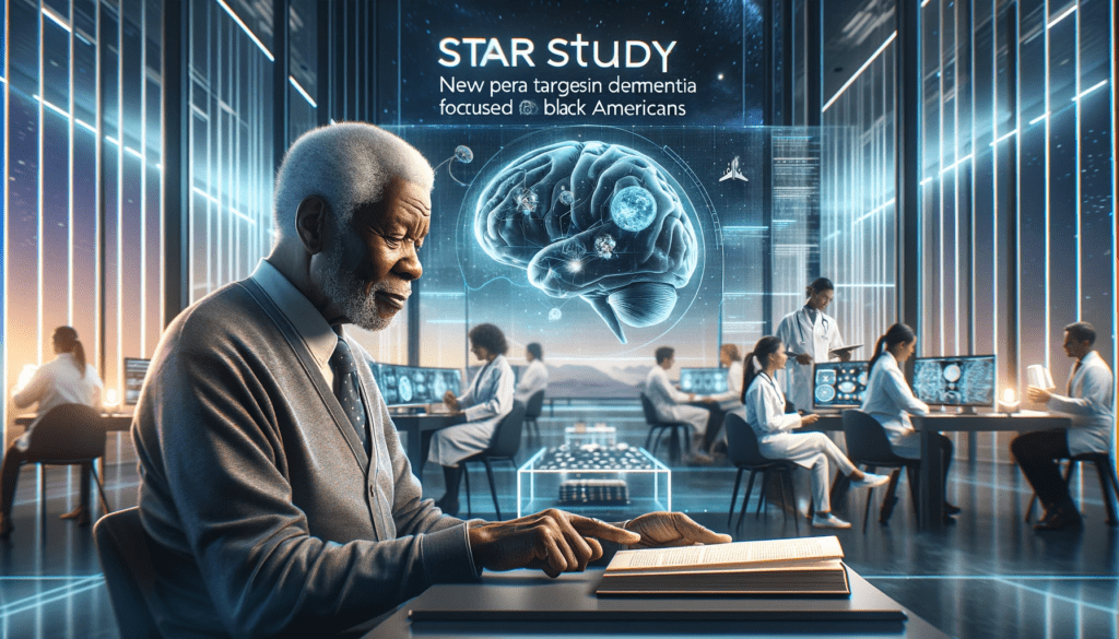 An African American elder engaged in reading, symbolizing wisdom and healthy aging, set against a backdrop of a modern research facility, highlighting the STAR study's dedication to dementia research in Black Americans.