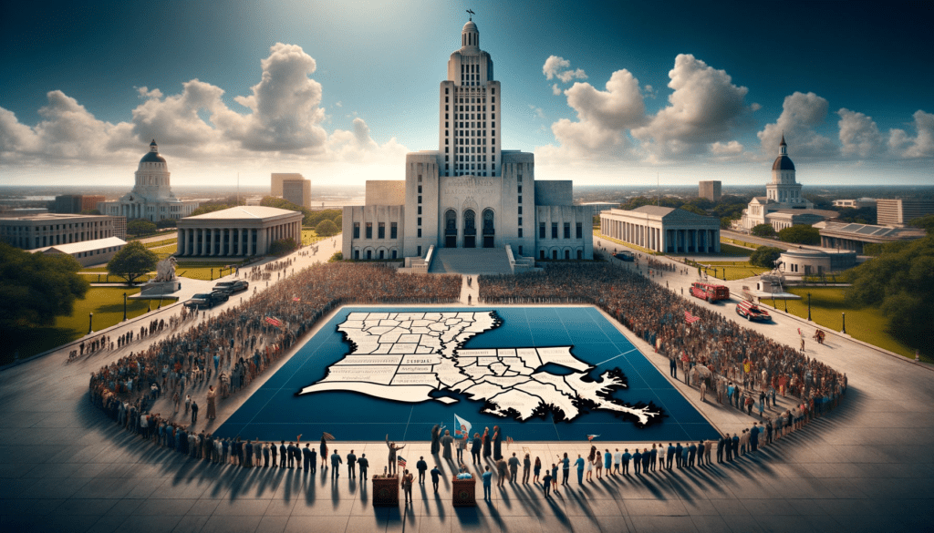 The Louisiana State Capitol building in Baton Rouge with a multi-ethnic group of people outside, holding a map of Louisiana that highlights the new majority-Black voting district, symbolizing a significant shift in political representation and community unity.