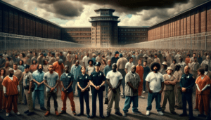 A somber, cinematic image showing a group of diverse individuals standing behind prison bars with expressions of hope and despair. In the background, a large, imposing prison building looms, casting a shadow over them, under an overcast sky.