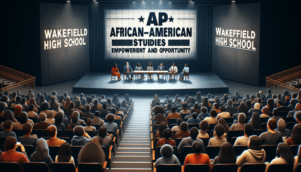 A diverse group of panelists and students engaged in a lively discussion in a modern auditorium. The projector screen in the background displays 'AP African American Studies' and 'Empowerment And Opportunity', symbolizing the event's focus on inclusive education and cultural understanding.