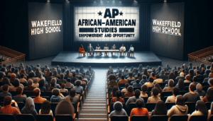 A diverse group of panelists and students engaged in a lively discussion in a modern auditorium. The projector screen in the background displays 'AP African American Studies' and 'Empowerment And Opportunity', symbolizing the event's focus on inclusive education and cultural understanding.