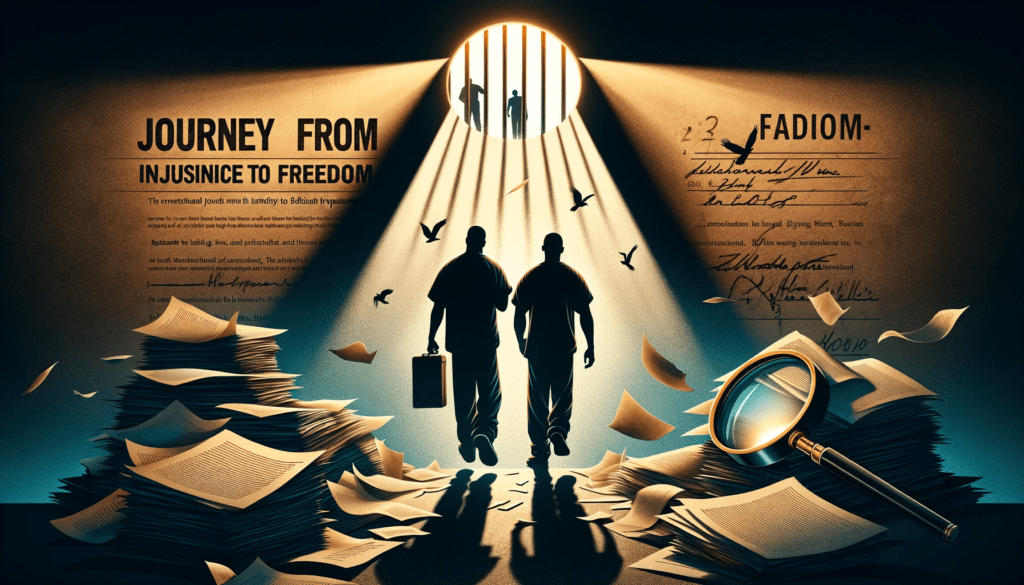 Silhouette of two men walking towards sunlight, symbolizing Clifford Williams and Nathan Myers' journey from darkness to freedom after their exoneration.