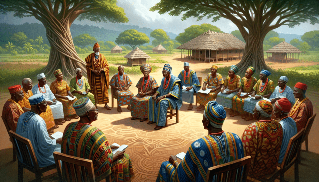 Digital painting of Liberian leaders and Spotlight Initiative representatives in a meeting, showcasing traditional attire and a collaborative atmosphere in Zwedru.